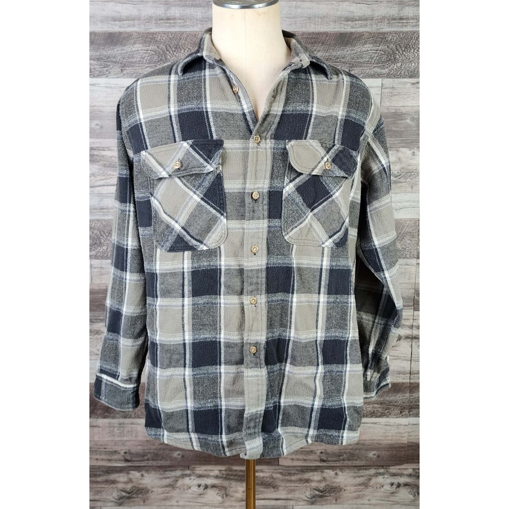 Gander Mountain Mens Large Gray Black Plaid Flannel Shirt Thick Cotton USA Made